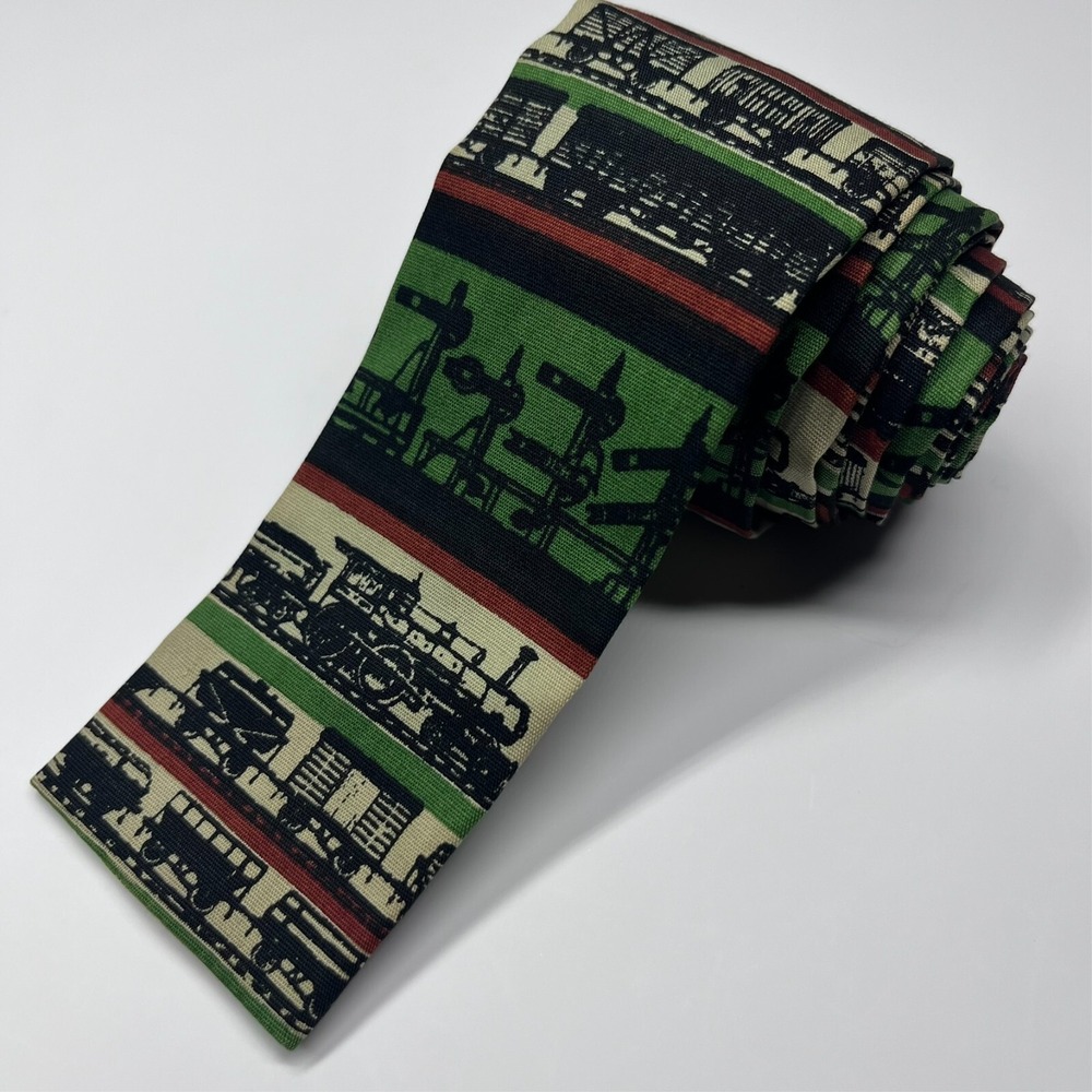 VTG Rooster Hand Printed Men's Short Cotton‎ Square End Necktie Train Locomotive